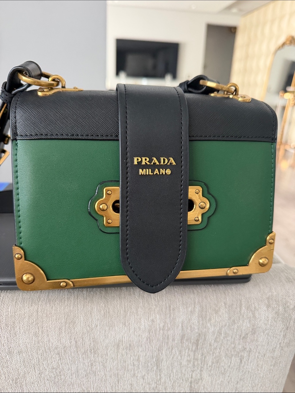 Prada Green and Black Leather Trunk Crossbody with Gold Hardware